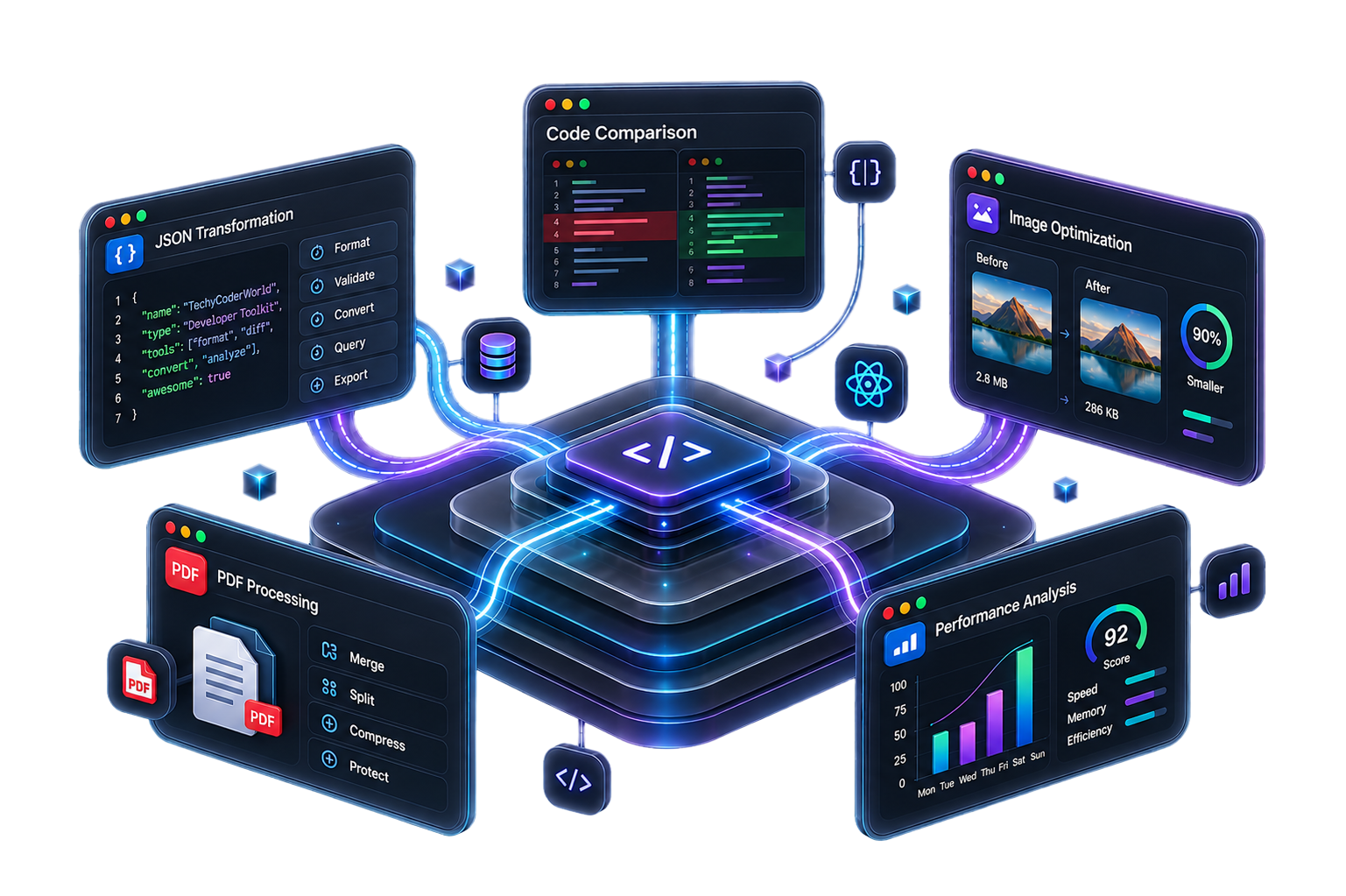 TechyCoderWorld Developer OS 3D Ecosystem Artwork